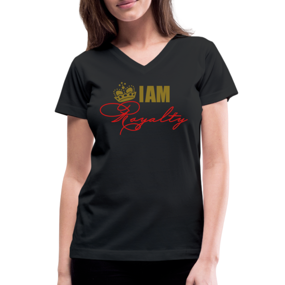 "I AM Royalty" V.2 Women's V-Neck T-Shirt (Gold Metallic and Red) - black