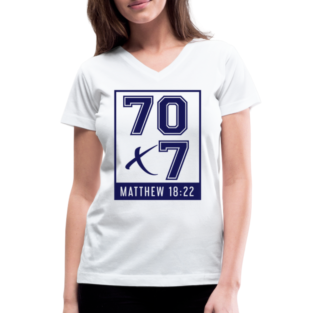 "70x7 Navy Design" Women's V-Neck White T-Shirt - white