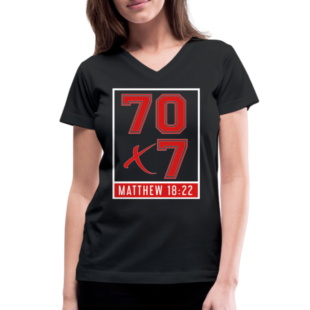 "70x7 Red Design" Women's V-Neck Black T-Shirt - black
