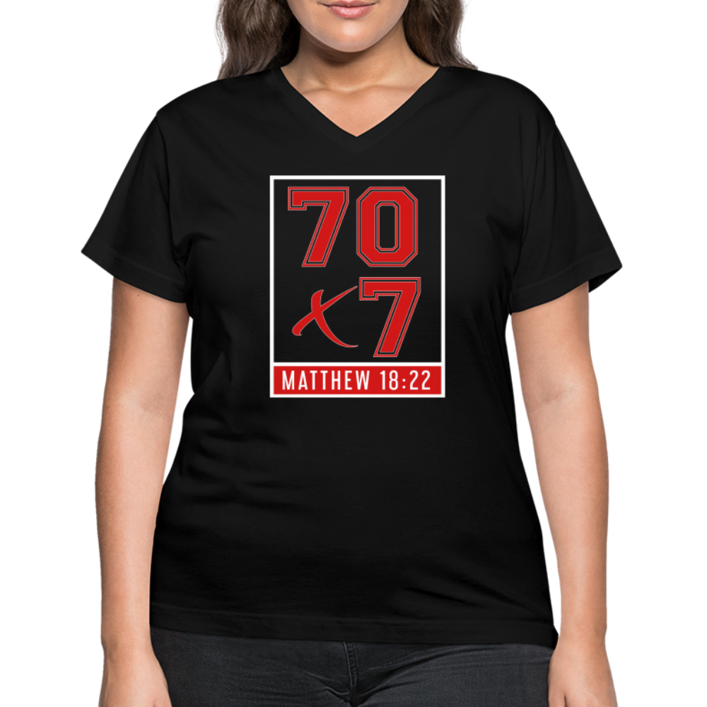 "70x7 Red Design" Women's V-Neck Black T-Shirt - black