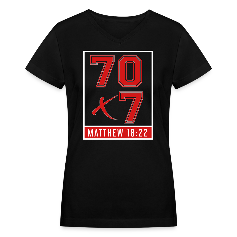 "70x7 Red Design" Women's V-Neck Black T-Shirt - black