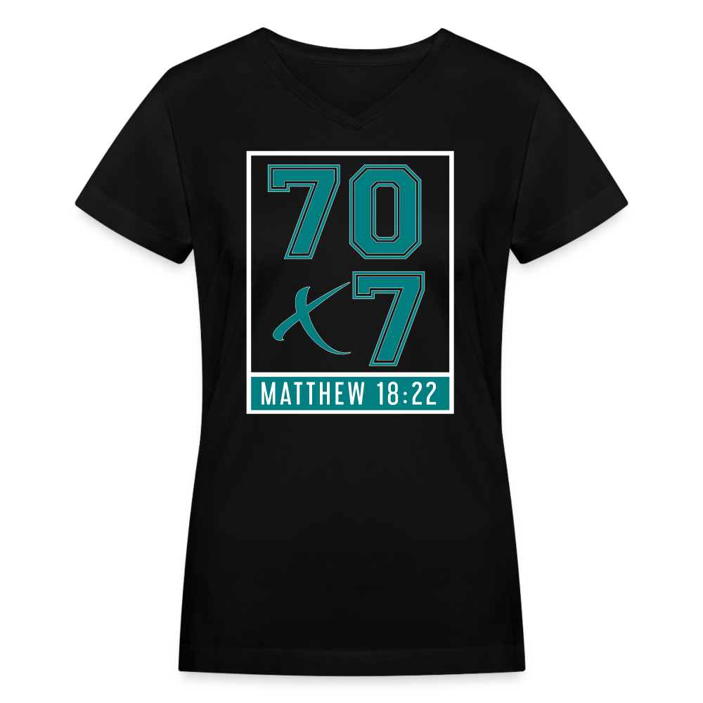 "70x7 Teal Design" Women's V-Neck Black T-Shirt - black
