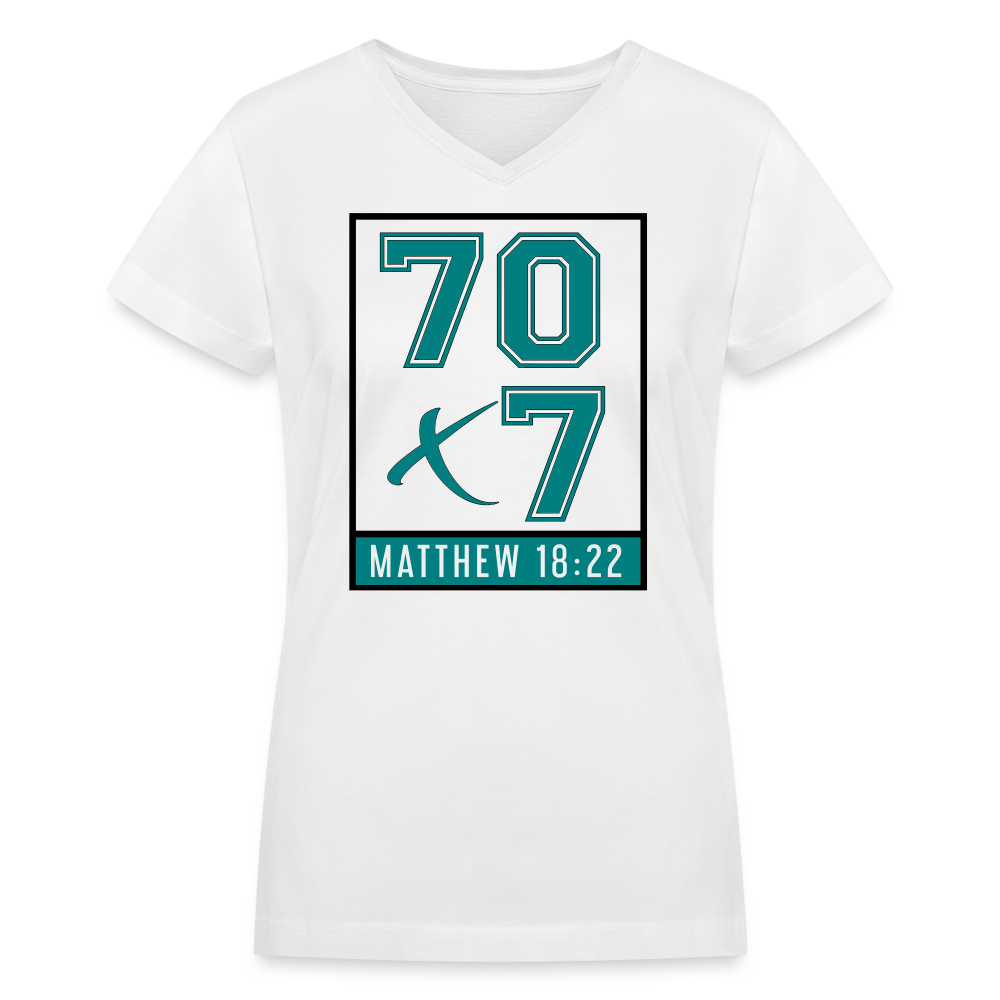 "70x7 Teal Design+Black" Women's V-Neck White T-Shirt - white