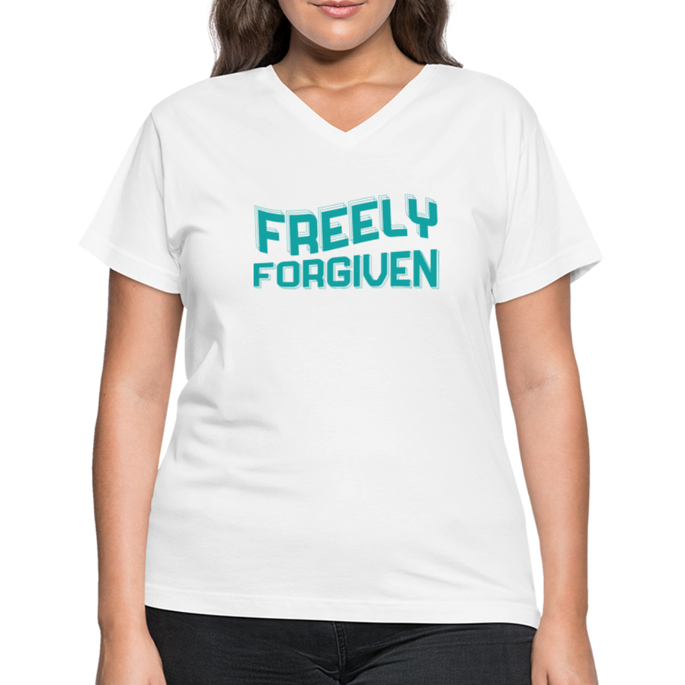 "Freely Forgiven Teal Design" Women's V-Neck Black T-Shirt - white
