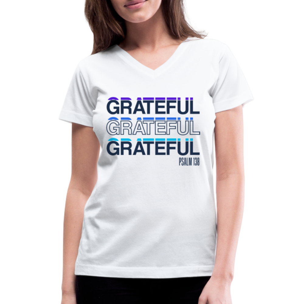 "Grateful" Women's V-Neck White T-Shirt - white