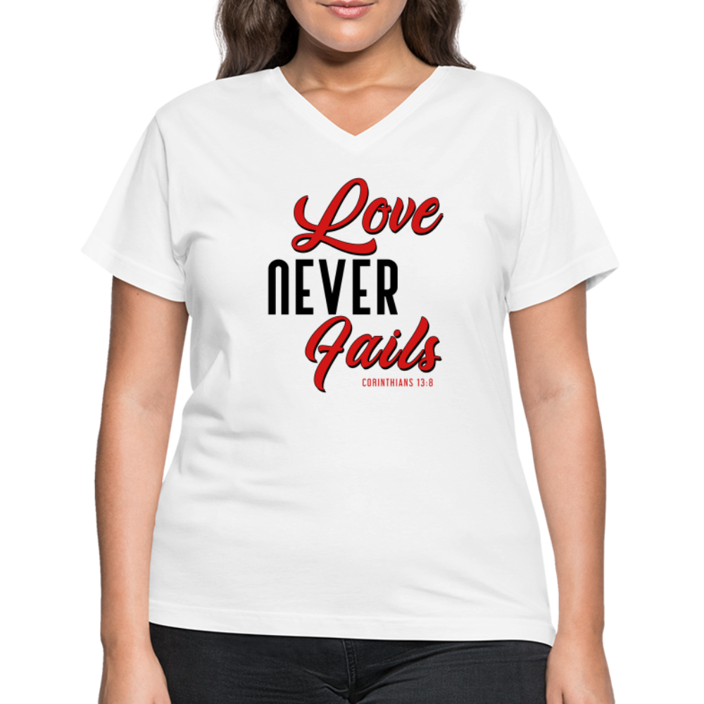 "Love Never Fails" Women's V-Neck White T-Shirt - white