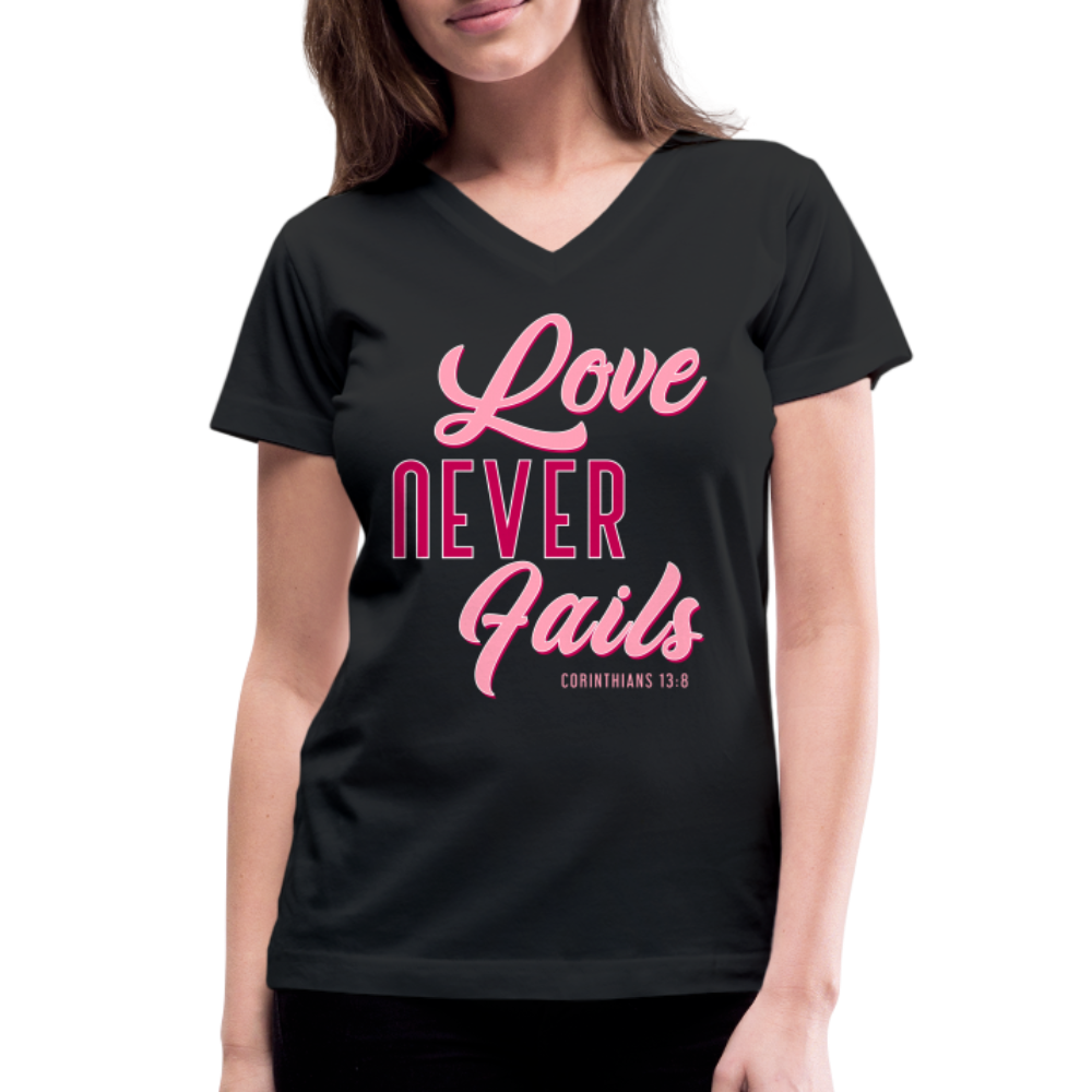 "Love Never Fails" Women's V-Neck Black T-Shirt - black