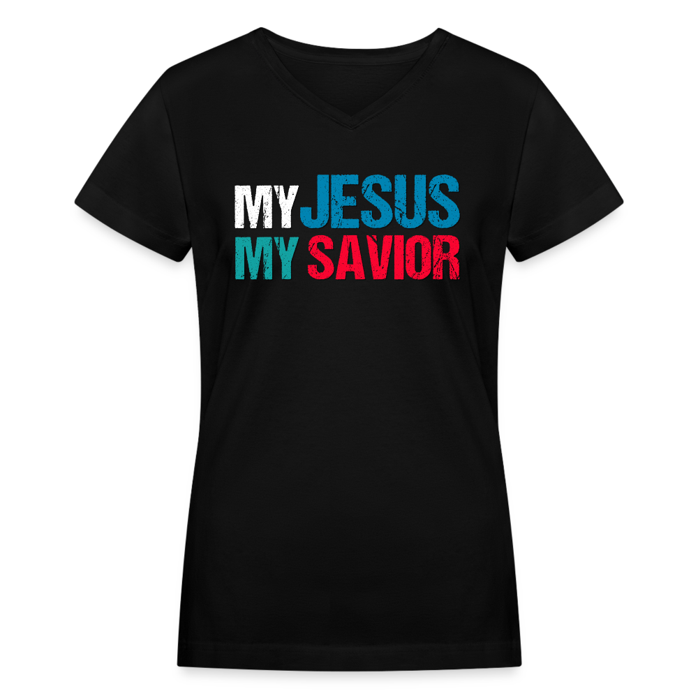 "My Jesus MY Savior" Women's V-Neck Black T-Shirt - black