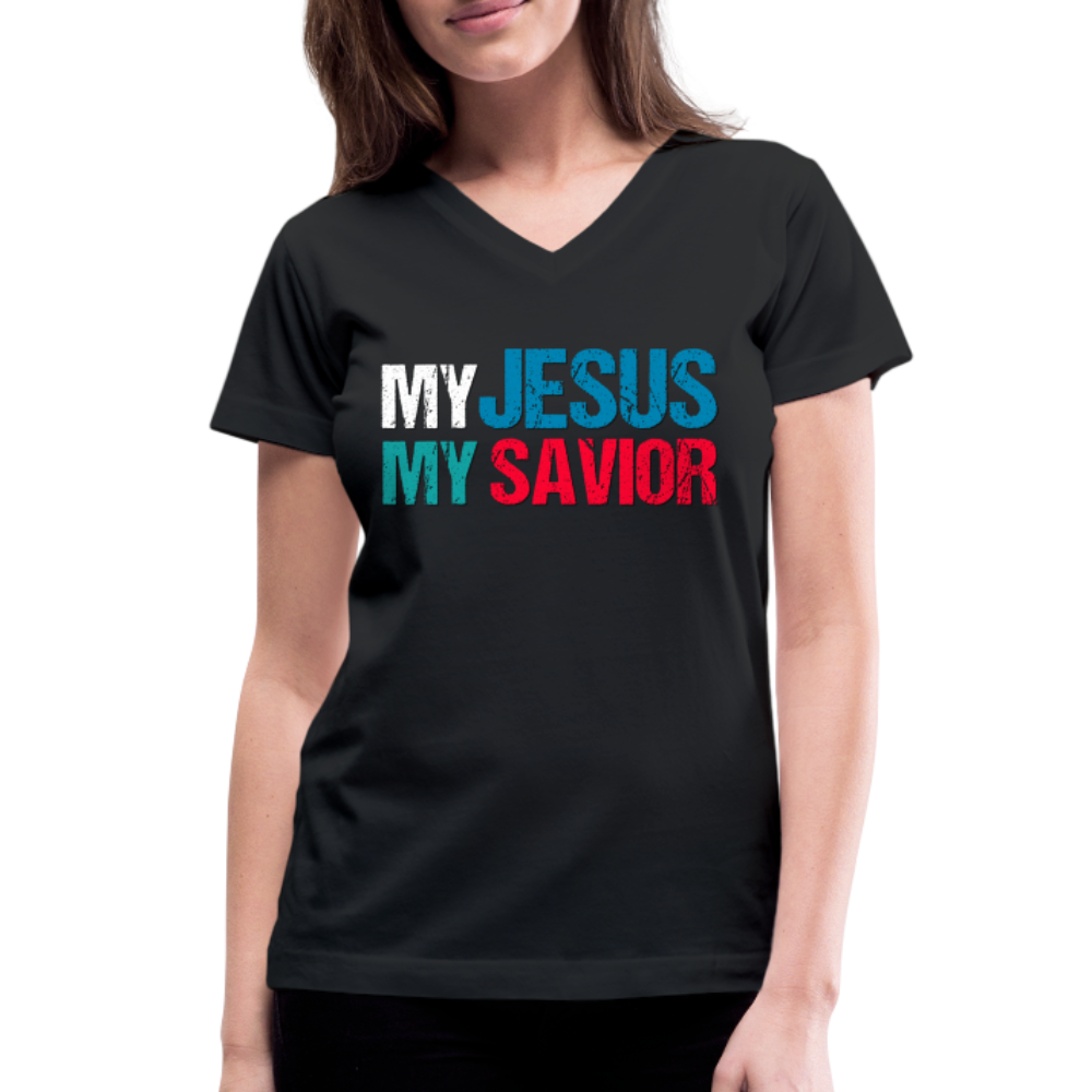 "My Jesus MY Savior" Women's V-Neck Black T-Shirt - black