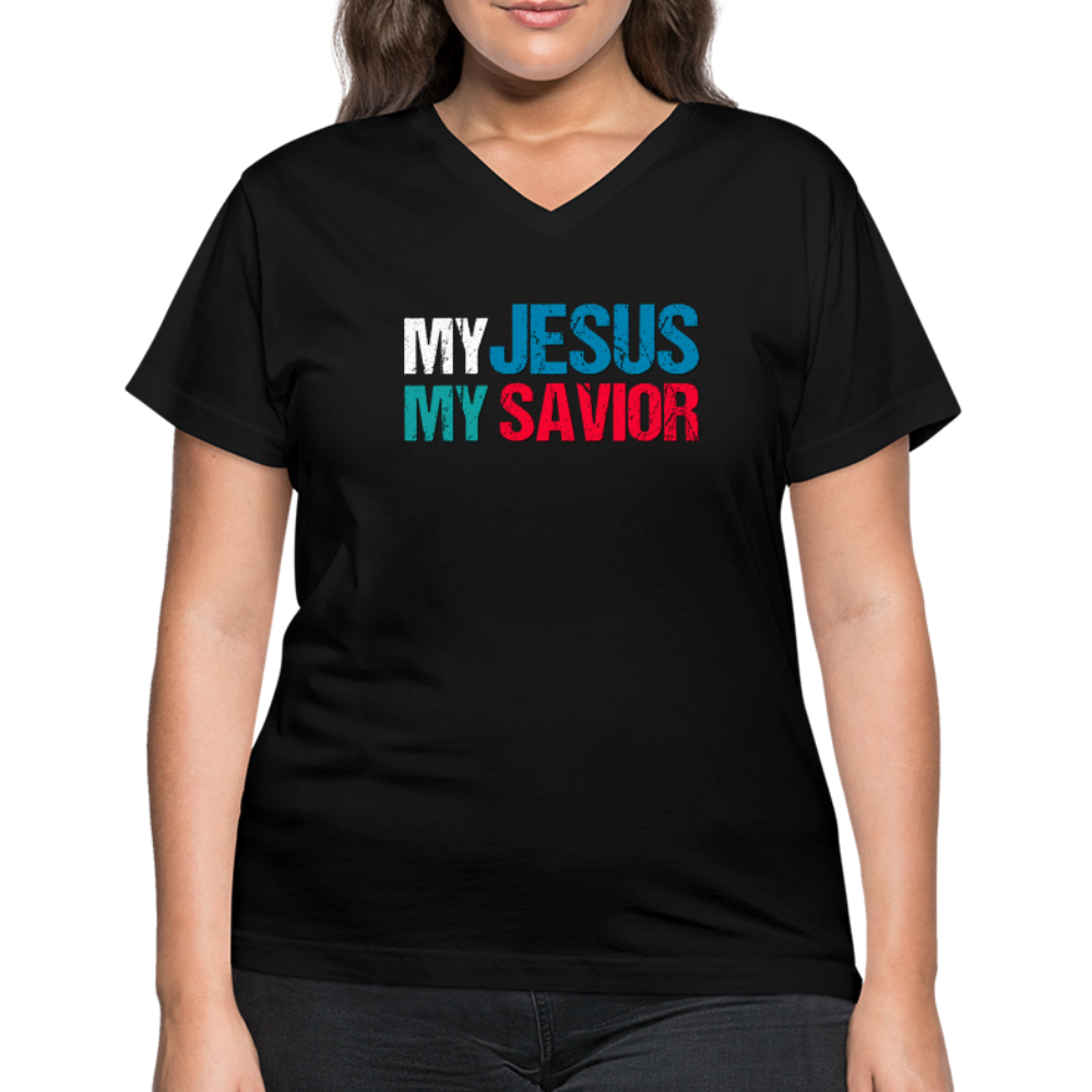 "My Jesus MY Savior" Women's V-Neck Black T-Shirt - black