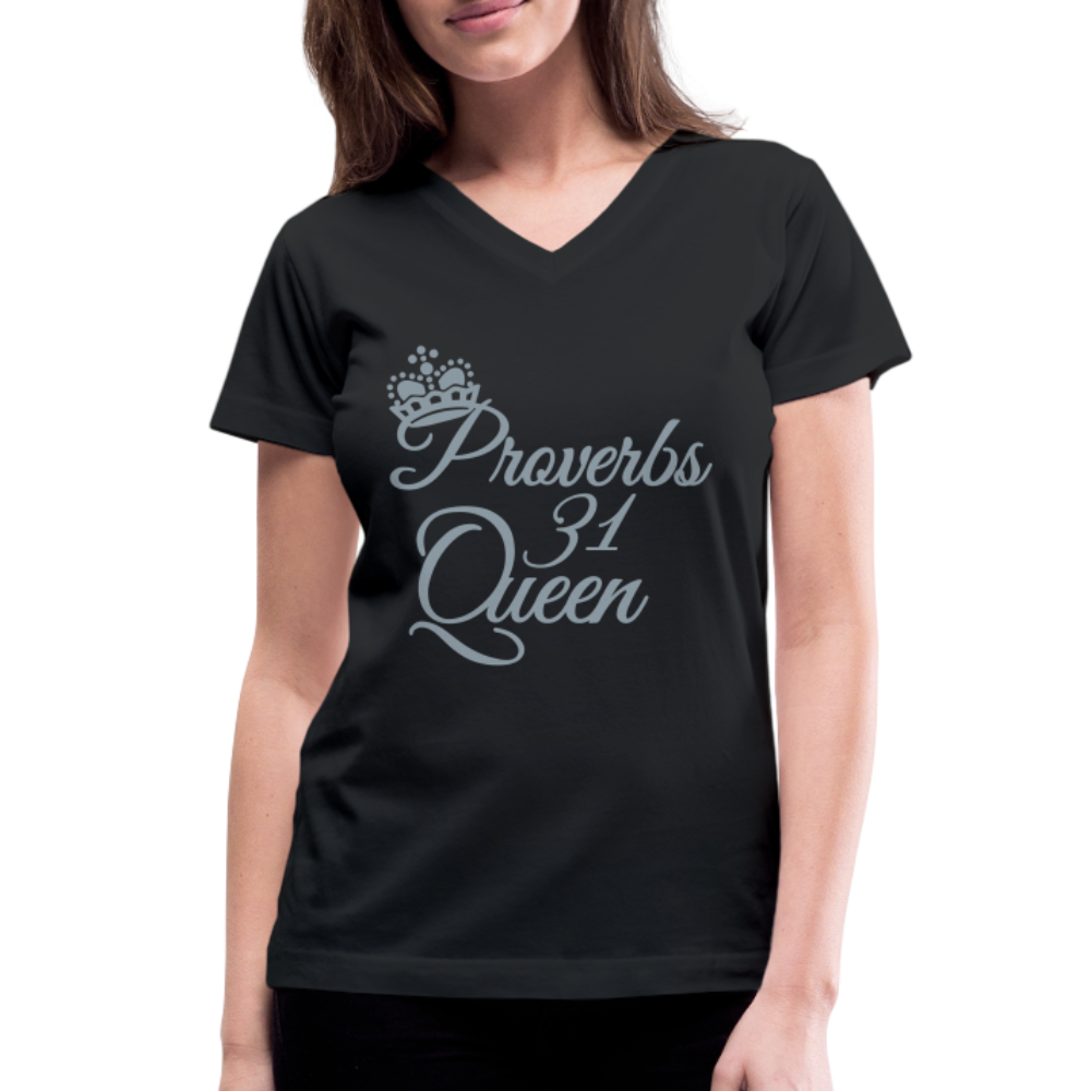 "Proverbs 31 Queen" Women's Short Sleeve V-Neck T-Shirt (Silver Metallic) - black