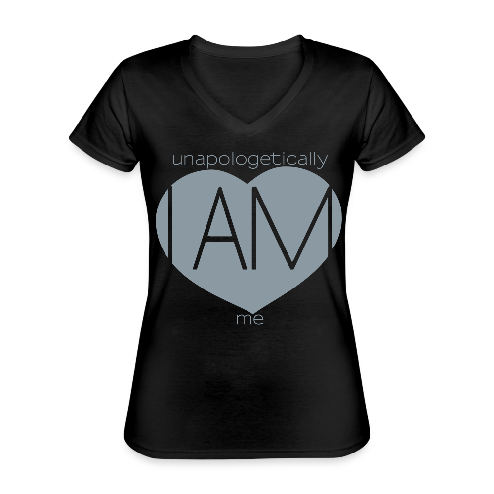"Unapologetically Me" Silver Metallic Women's V-Neck T-Shirt - black