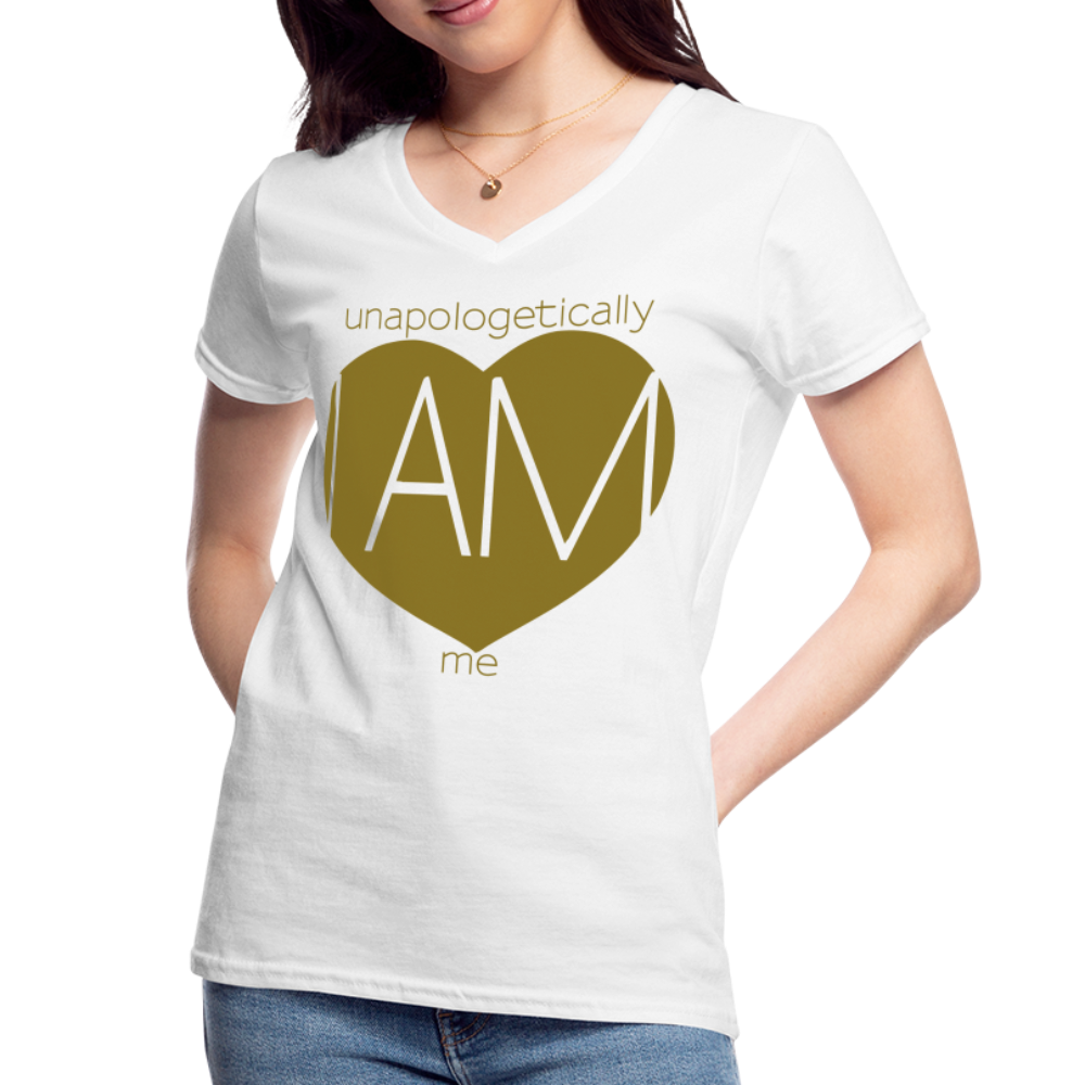 "Unapologetically Me" Gold Metallic Women's V-Neck T-Shirt - white
