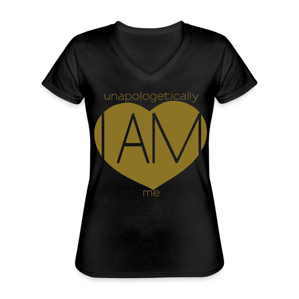 "Unapologetically Me" Gold Metallic Women's V-Neck T-Shirt - black