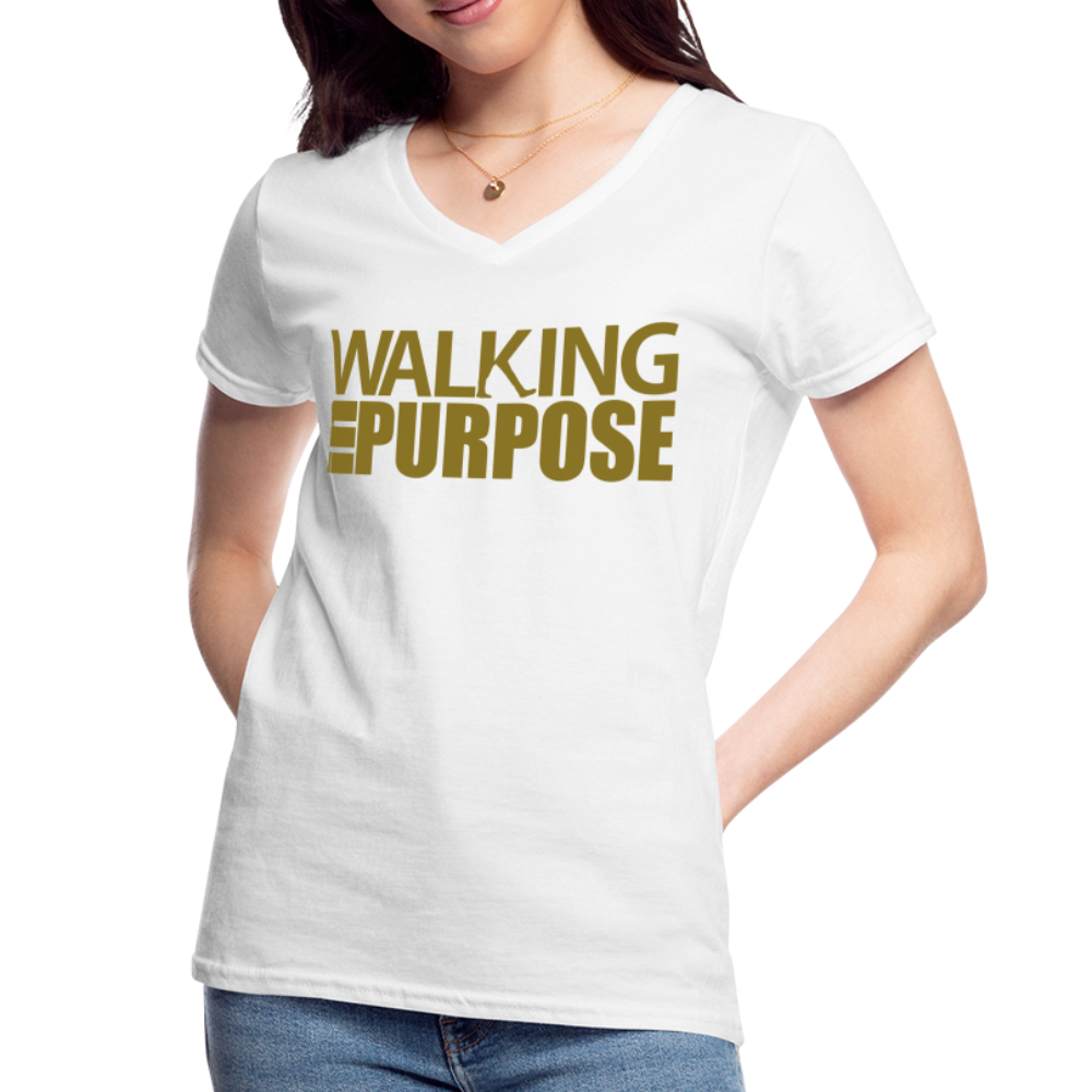 "Walking in Purpose" Gold Metallic Women's V-Neck T-Shirt - white
