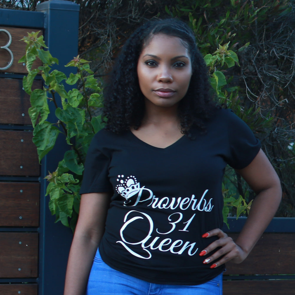 "Proverbs 31 Queen" Women's Short Sleeve V-Neck T-Shirt (Silver Metallic)