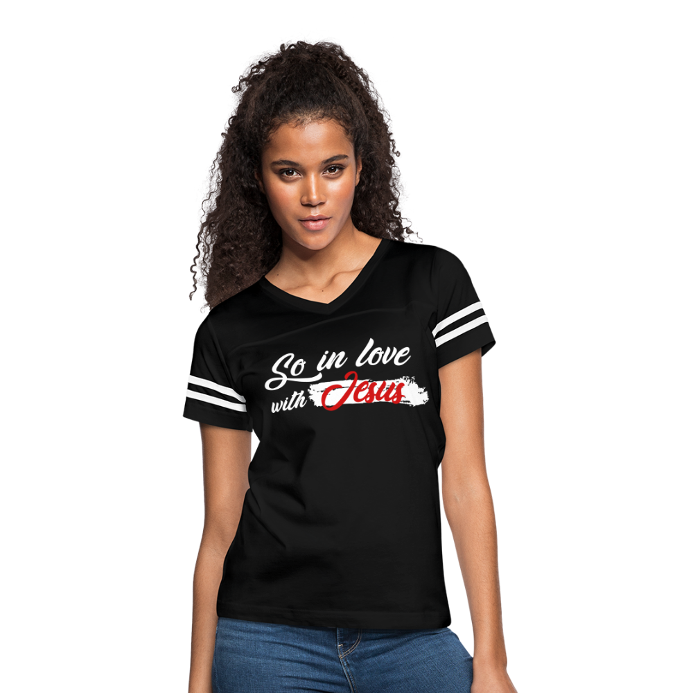 "So In Love With Jesus" Women’s Vintage Sport Black T-Shirt - black/white