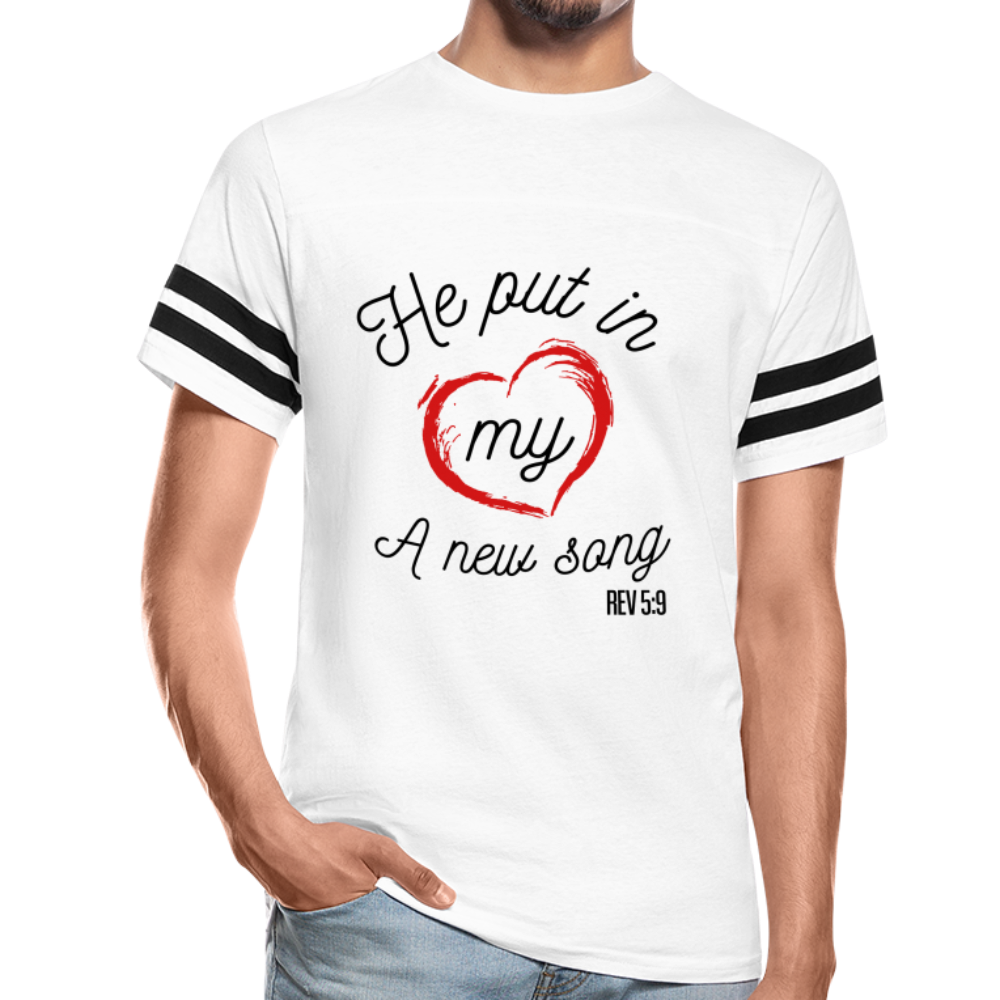 "He Put In My Heart A New Song" Vintage Sport White T-Shirt - white/black
