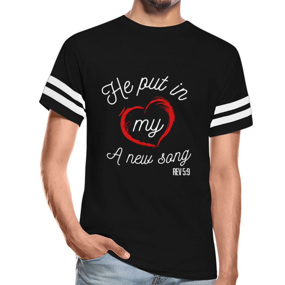 "He Put In My Heart A New Song" Vintage Sport Black T-Shirt - black/white