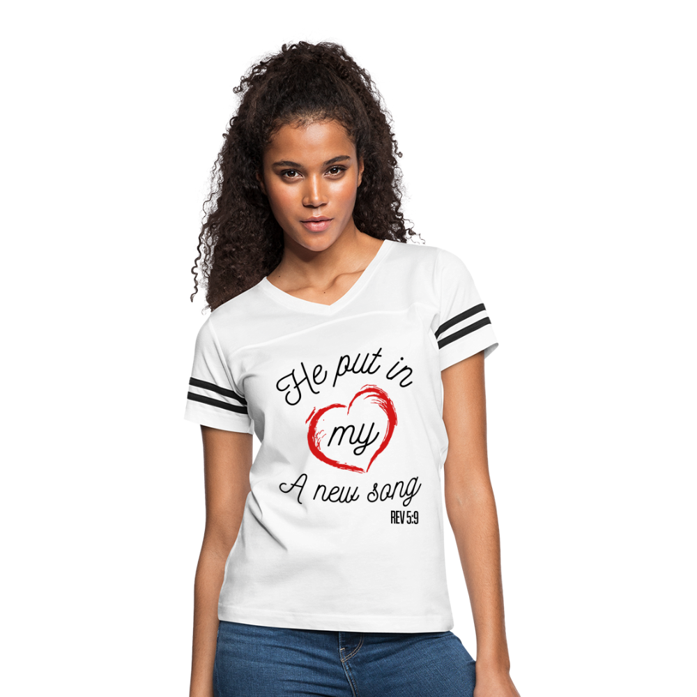 "He Put In My Heart A New Song" Women’s Vintage Sport White T-Shirt - white/black