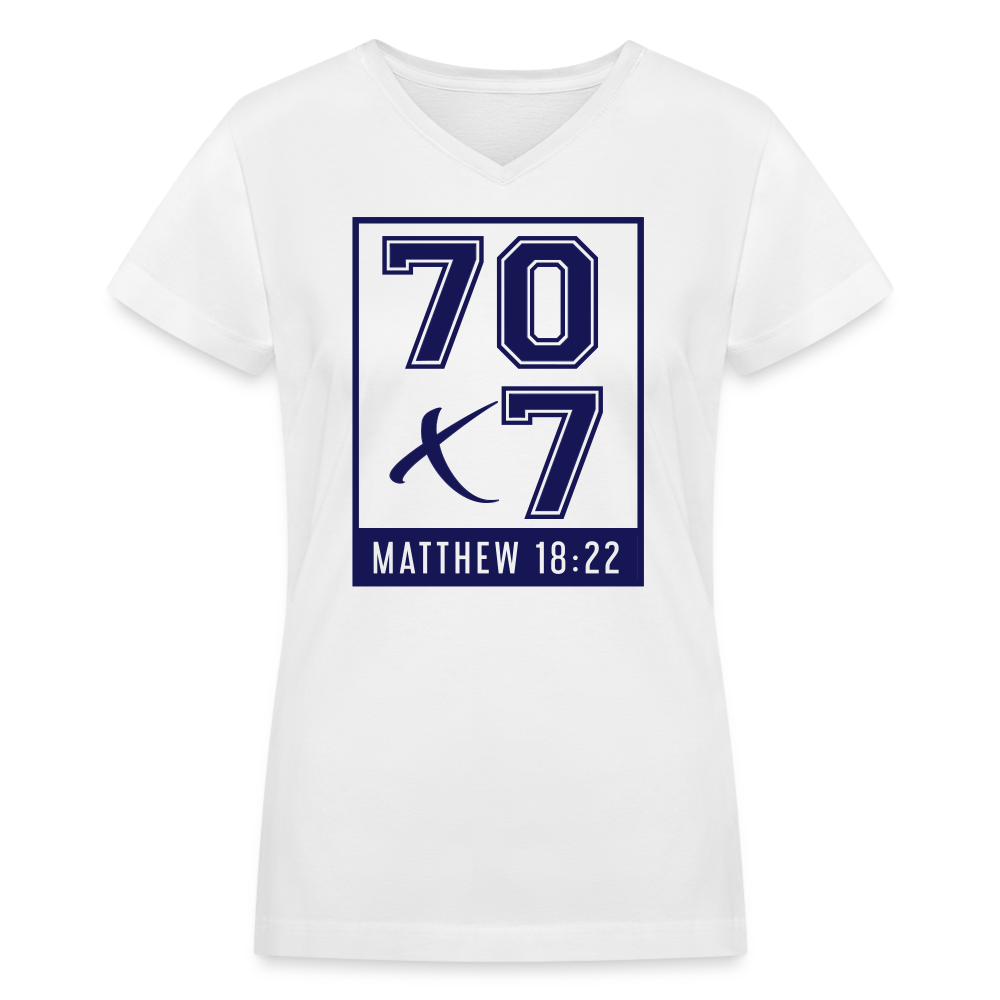 "70x7 Navy Design" Women's V-Neck White T-Shirt - white