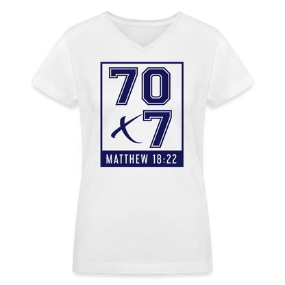 "70x7 Navy Design" Women's V-Neck White T-Shirt - white