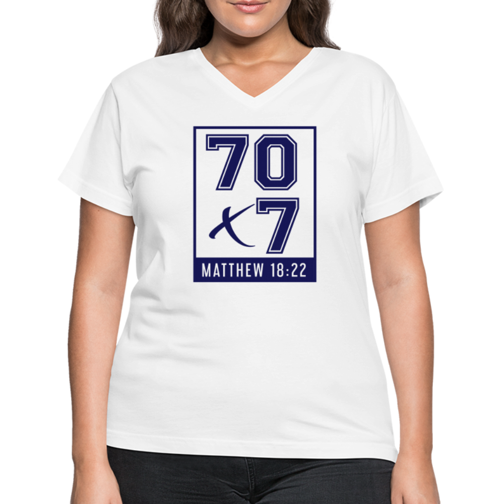 "70x7 Navy Design" Women's V-Neck White T-Shirt - white