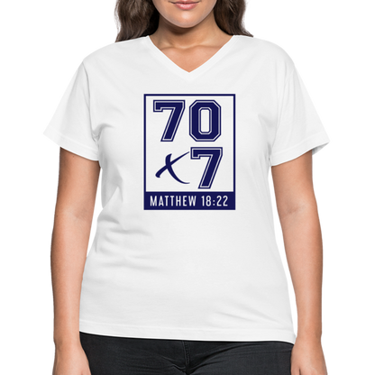 "70x7 Navy Design" Women's V-Neck White T-Shirt - white