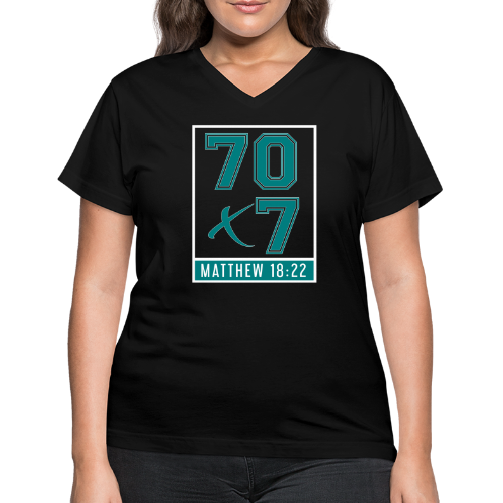 "70x7 Teal Design" Women's V-Neck Black T-Shirt - black