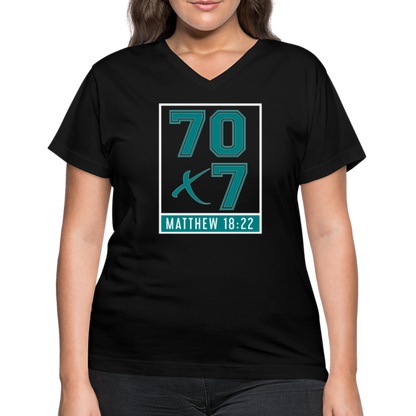 "70x7 Teal Design" Women's V-Neck Black T-Shirt - black