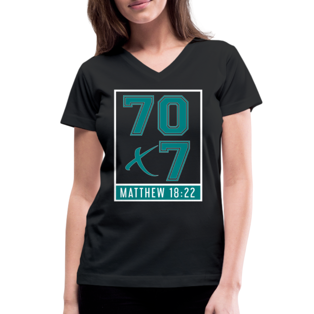 "70x7 Teal Design" Women's V-Neck Black T-Shirt - black