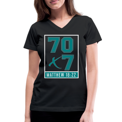 "70x7 Teal Design" Women's V-Neck Black T-Shirt - black