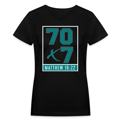 "70x7 Teal Design" Women's V-Neck Black T-Shirt - black