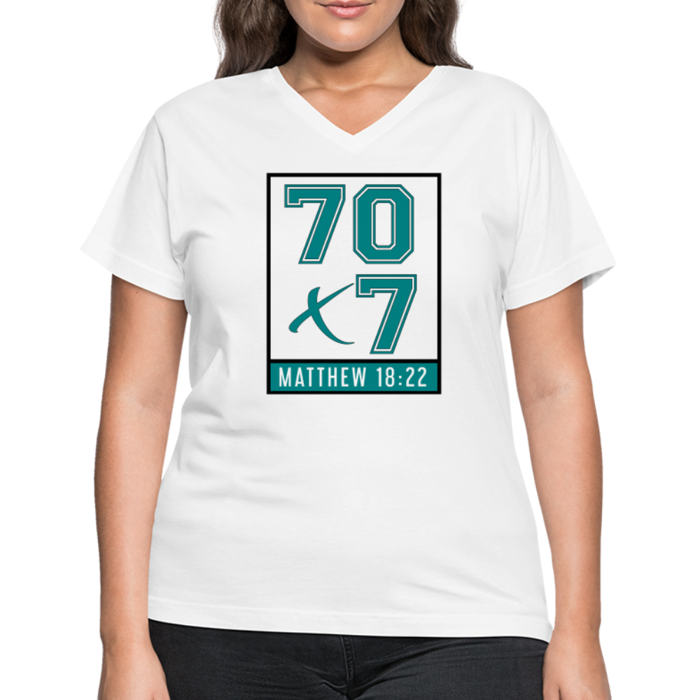 "70x7 Teal Design+Black" Women's V-Neck White T-Shirt - white