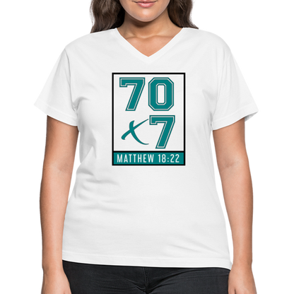 "70x7 Teal Design+Black" Women's V-Neck White T-Shirt - white