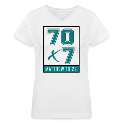 "70x7 Teal Design+Black" Women's V-Neck White T-Shirt - white