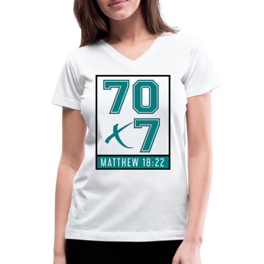 "70x7 Teal Design+Black" Women's V-Neck White T-Shirt - white