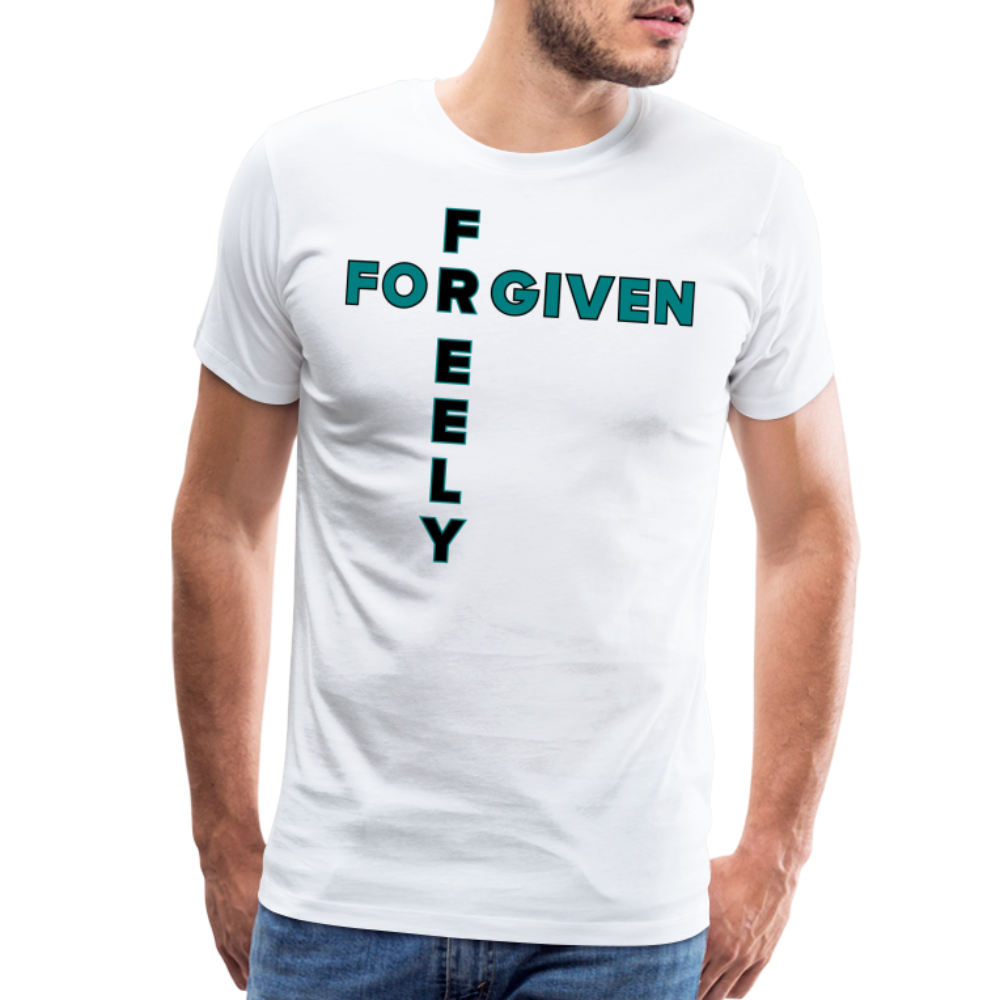 "Forgiven Freely Cross Teal + Black Design" Unisex Classic White T-Shirt - white