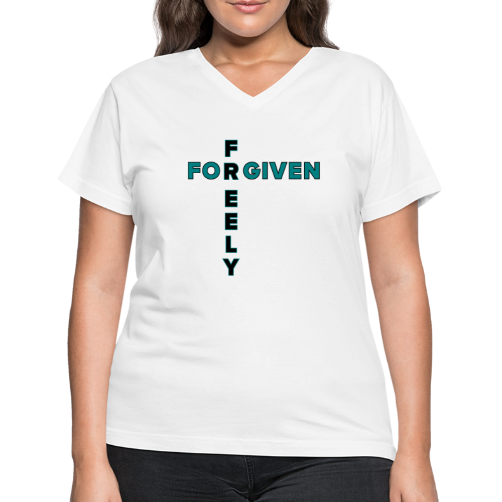 "Forgiven Freely Cross Teal + Black Design" Women's V-Neck White T-Shirt - white