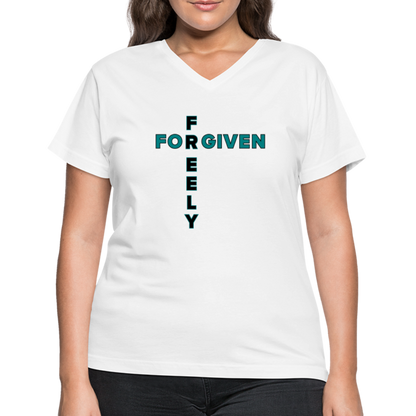 "Forgiven Freely Cross Teal + Black Design" Women's V-Neck White T-Shirt - white