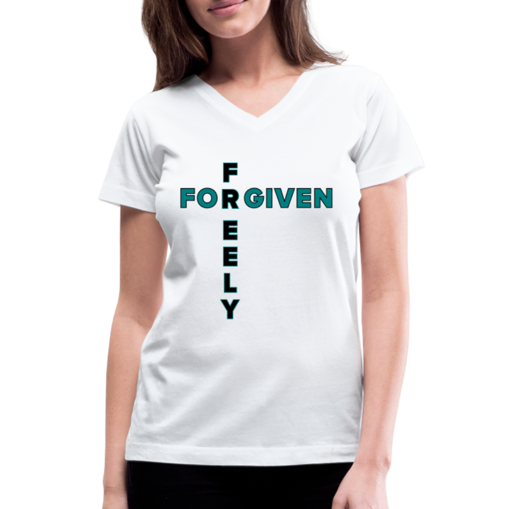 "Forgiven Freely Cross Teal + Black Design" Women's V-Neck White T-Shirt - white