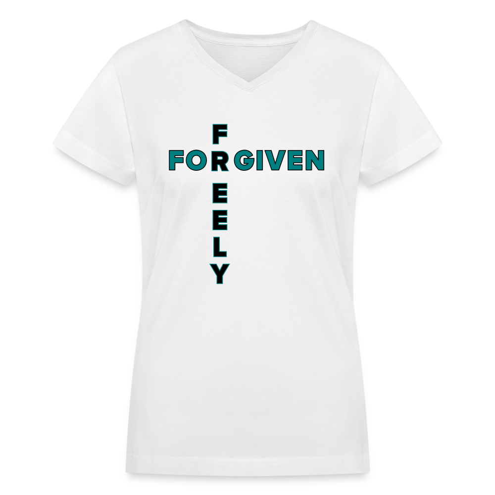 "Forgiven Freely Cross Teal + Black Design" Women's V-Neck White T-Shirt - white