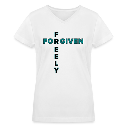 "Forgiven Freely Cross Teal + Black Design" Women's V-Neck White T-Shirt - white