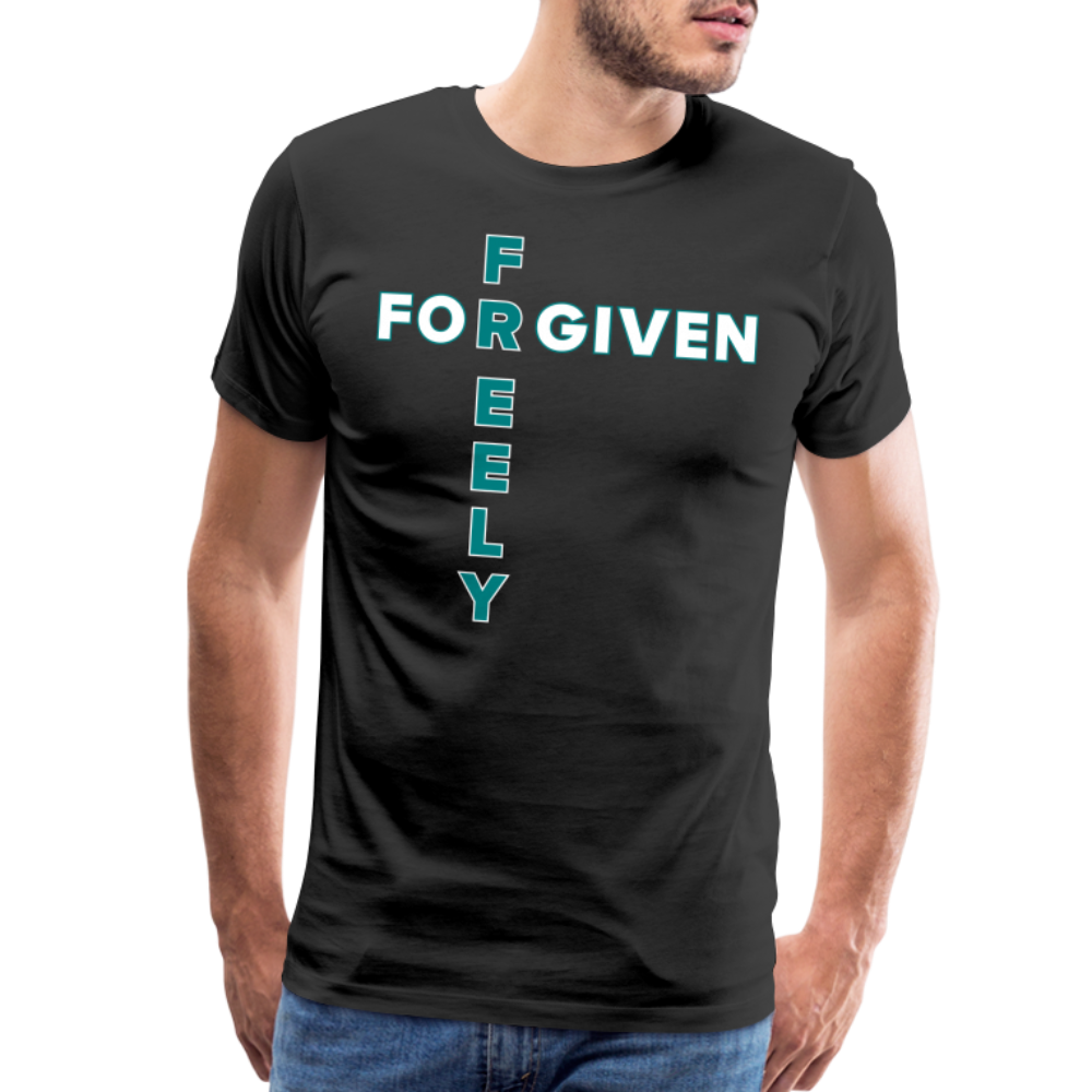 "Forgiven Freely Cross Teal + White Design" Unisex Classic Black T-Shirt - black