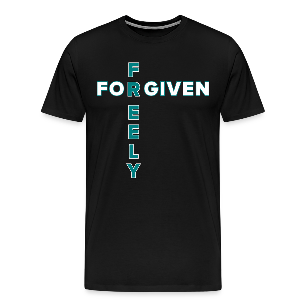 "Forgiven Freely Cross Teal + White Design" Unisex Classic Black T-Shirt - black