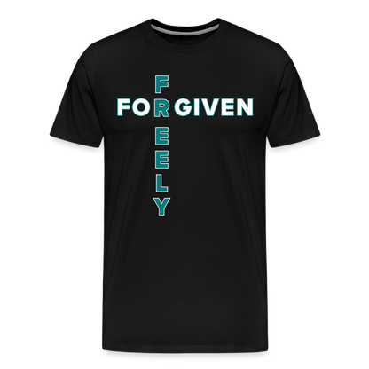 "Forgiven Freely Cross Teal + White Design" Unisex Classic Black T-Shirt - black