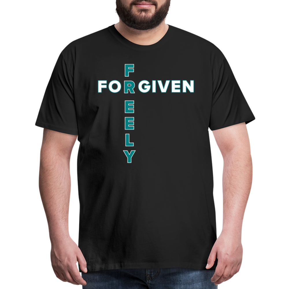 "Forgiven Freely Cross Teal + White Design" Unisex Classic Black T-Shirt - black