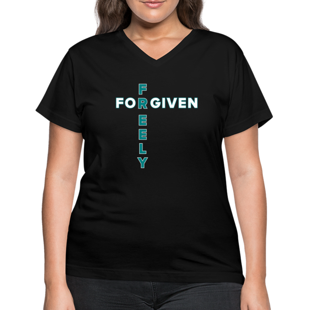 "Forgiven Freely Cross Teal + White Design" Women's V-Neck Black T-Shirt - black