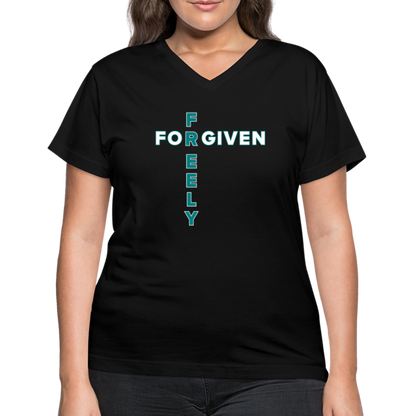 "Forgiven Freely Cross Teal + White Design" Women's V-Neck Black T-Shirt - black