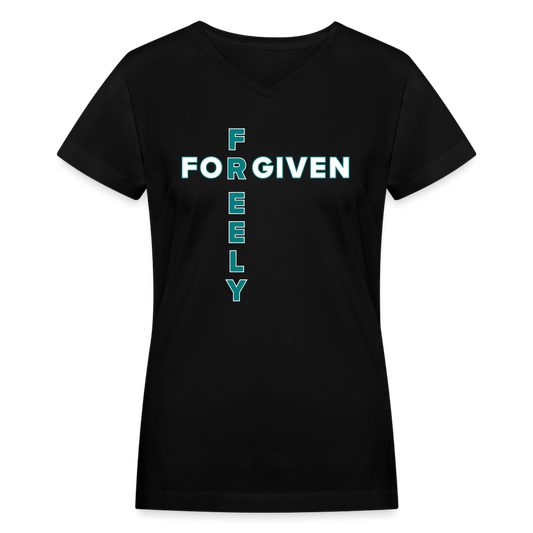 "Forgiven Freely Cross Teal + White Design" Women's V-Neck Black T-Shirt - black